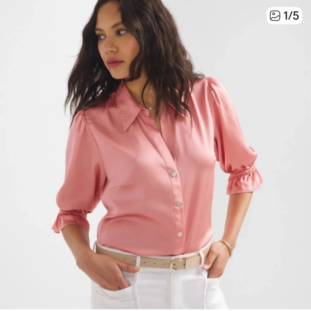 White House Black Market Satin Button Down Shirt in Blush